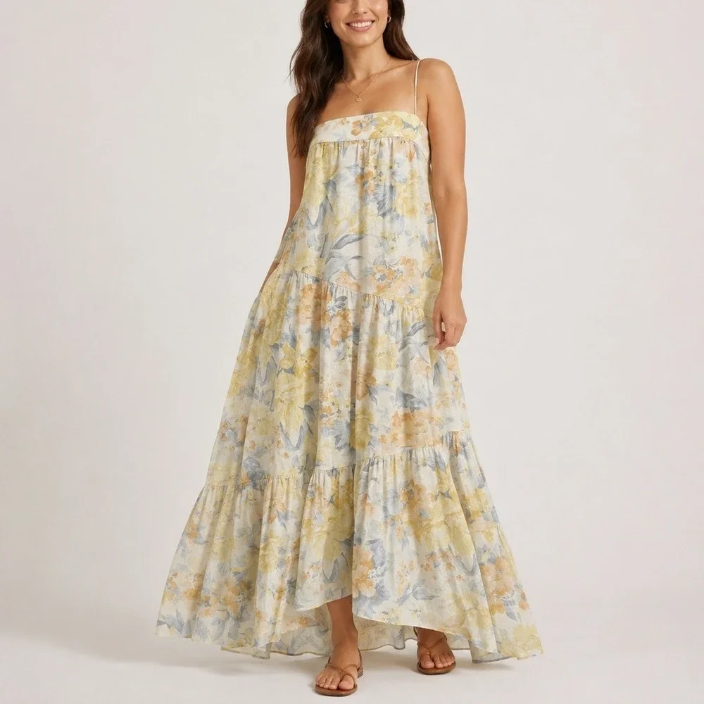 Abercrombie & Fitch Asymmetrical Floral Maxi Dress XS Cream Yellow Tiered Boho
